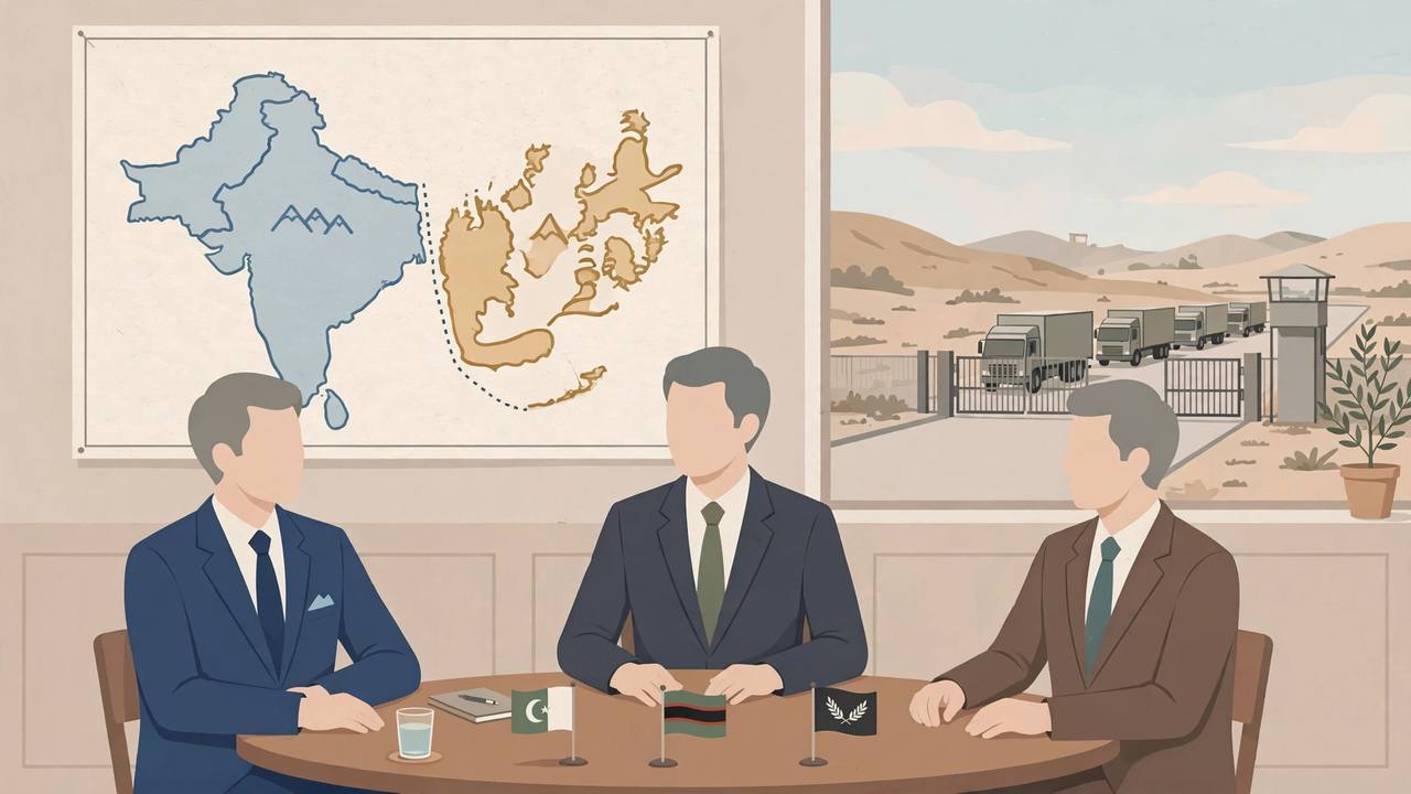 Editorial illustration: generic diplomats seated around a negotiation table before a stylised map of Pakistan and Afghanistan, with a closed border gate and waiting trucks in the distance