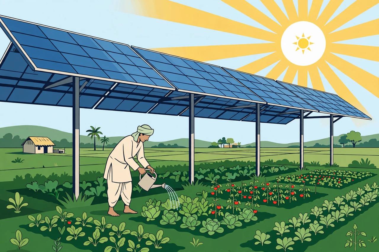 Editorial illustration: elevated solar panels over a farm field, a farmer watering vegetables growing underneath