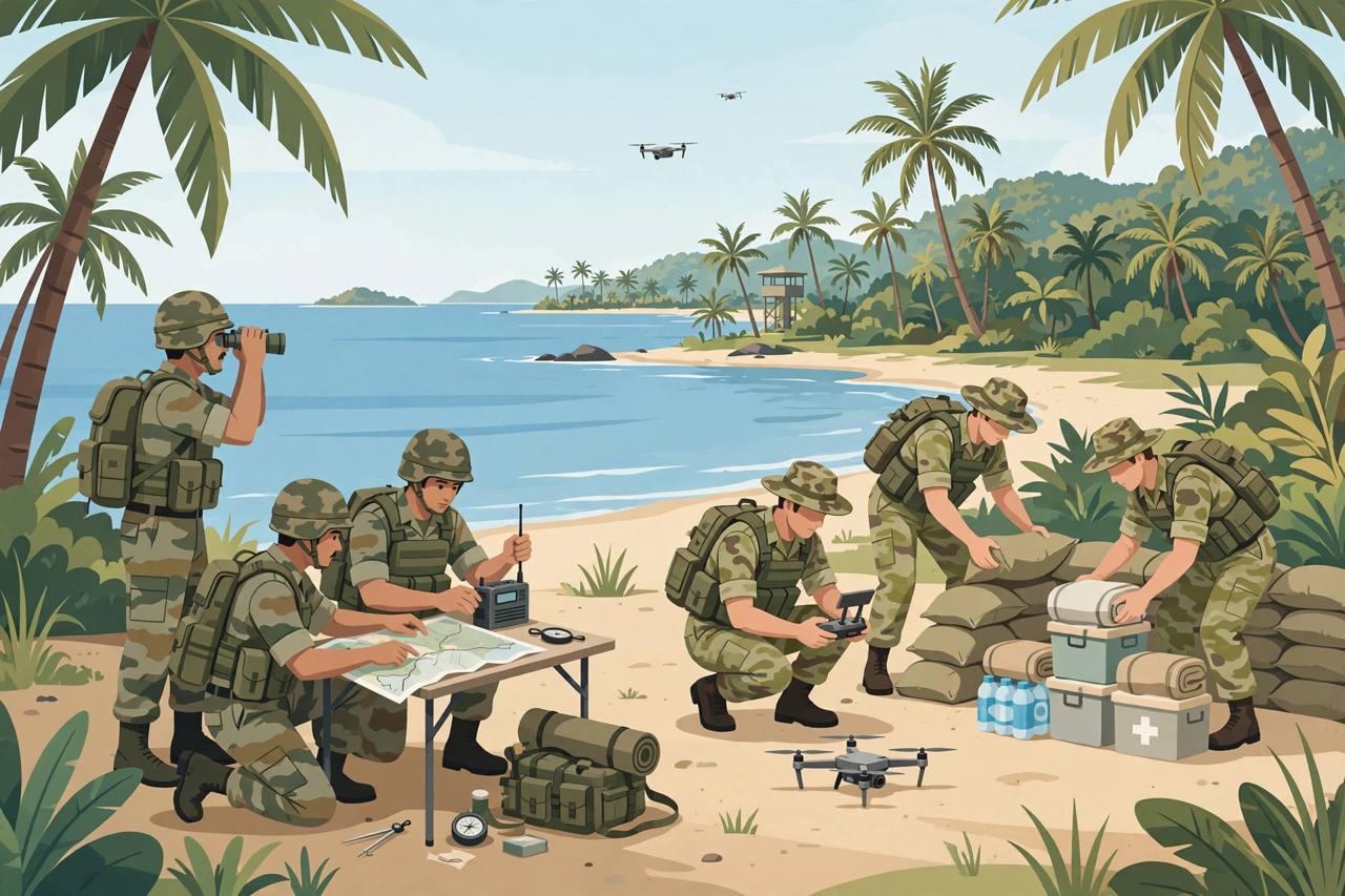 Editorial illustration: soldiers training on a tropical coast with palm trees, the sea, a drone and relief supplies