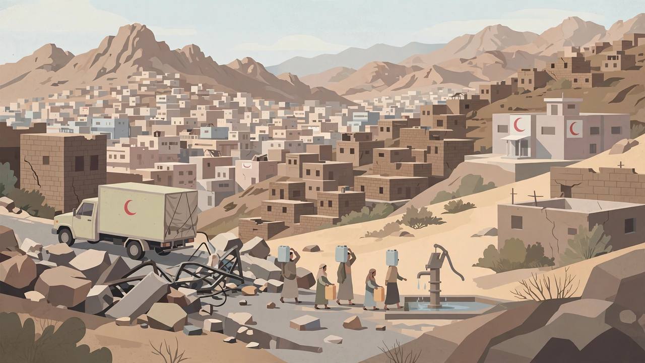 Editorial illustration: generic families carrying water containers toward a pump in a Yemeni city, an aid truck stopped at a blocked road and a hospital in the background