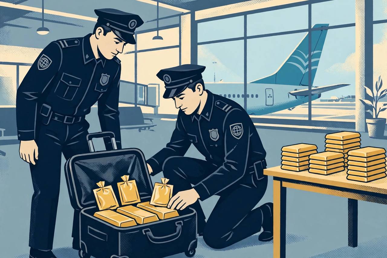 Editorial illustration: two revenue officers at an airport inspecting an open suitcase containing gold bars and pouches, with stacks of seized gold bars on a table beside them and an aircraft visible through the terminal window