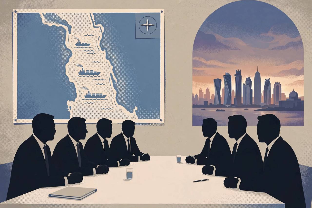 Editorial illustration: generic officials at a long negotiation table in Doha, with a stylised sea strait and cargo ships behind them