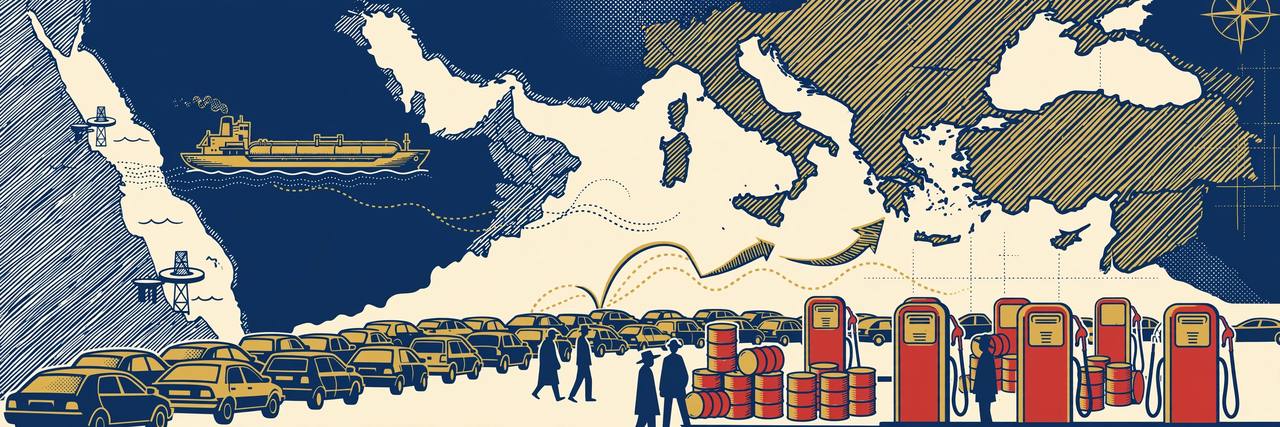 Editorial illustration: a diesel tanker sailing around a strait towards Europe, with fuel pumps and cars in France