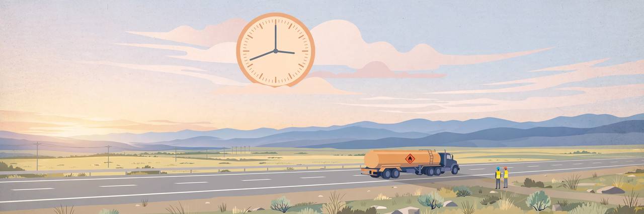 Editorial illustration: a fuel tanker truck on a US highway under a large clock — generic figures only, no real person's likeness