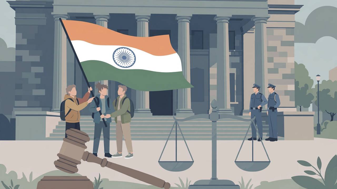 Editorial illustration: three young men holding a large Indian national flag outside a columned courthouse, a judge's gavel and the scales of justice in the foreground, and two uniformed police officers standing nearby