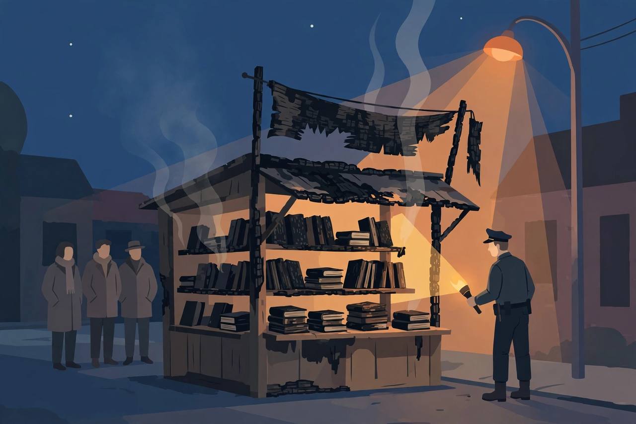 Editorial illustration: a roadside book stall at night with charred books and a scorched banner frame, onlookers and a police officer examining the scene