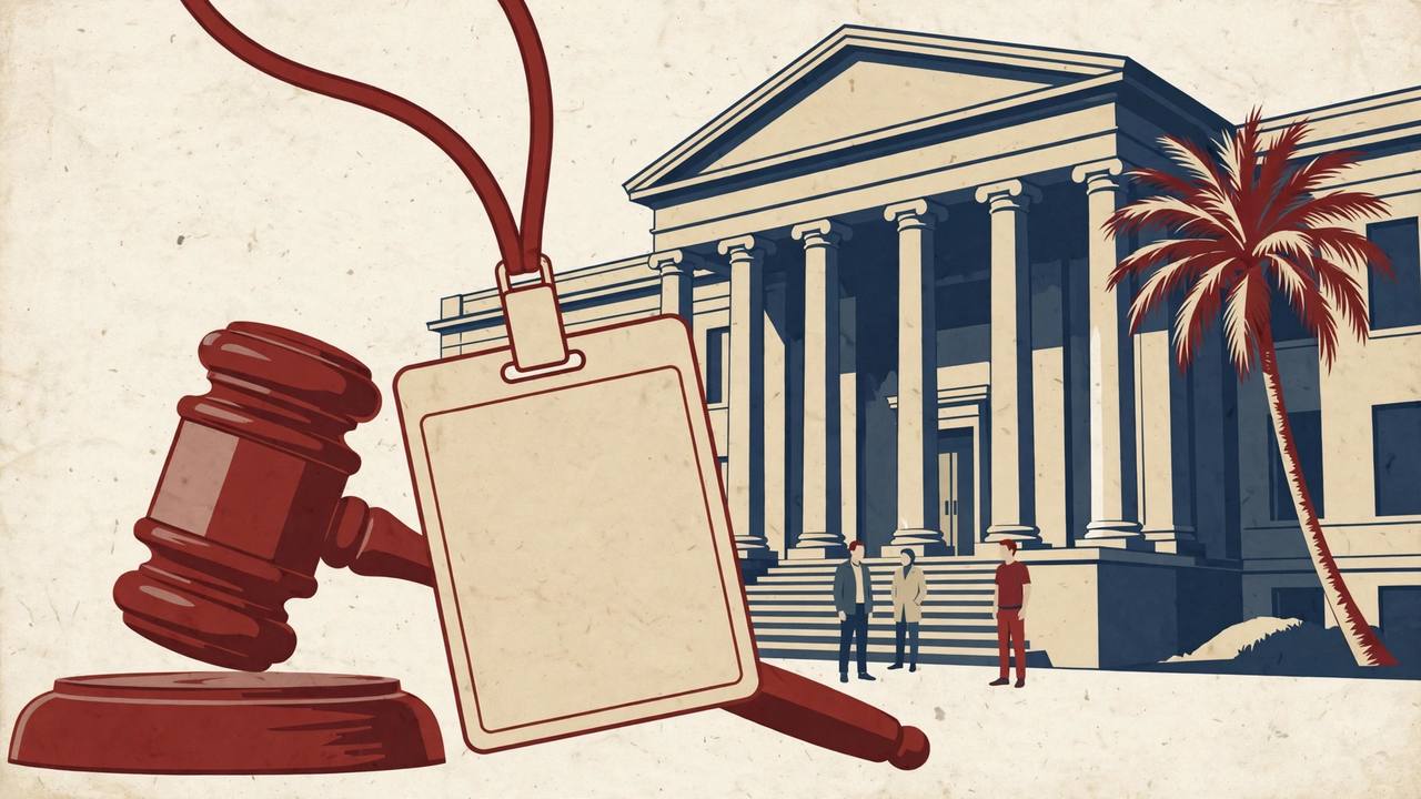 Editorial illustration of a federal courthouse in California with a gavel and an identification badge