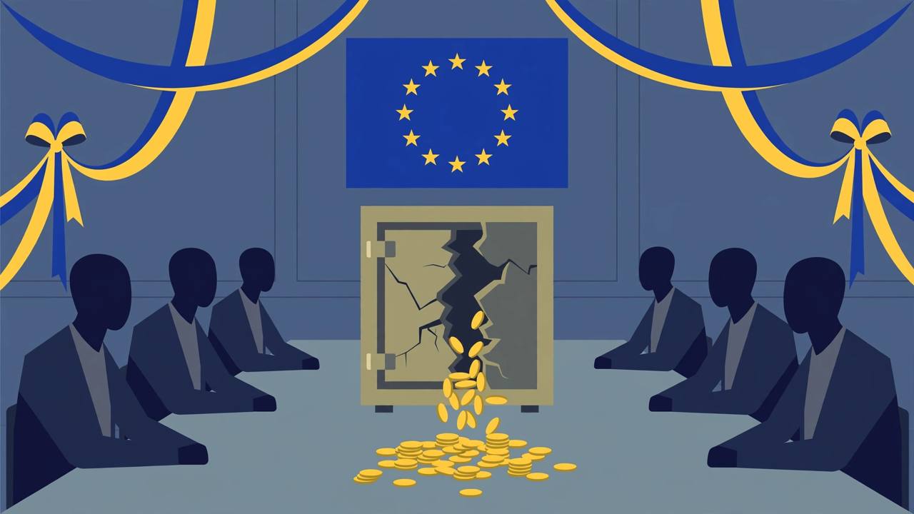 Editorial illustration: officials seated around a cracked safe spilling gold coins beneath an EU flag, with blue-and-yellow ribbons
