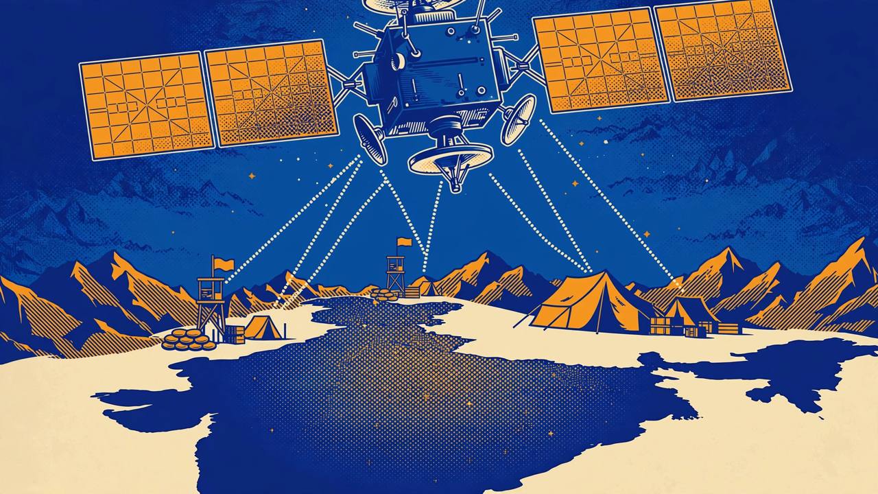 Editorial illustration: a military communications satellite in orbit above mountainous border terrain