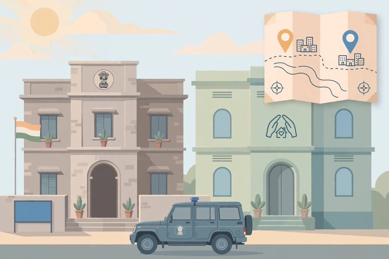 Editorial illustration: a police station building and a police jeep beside a welfare office, with a folded map showing two city pins linked by a route — no people shown