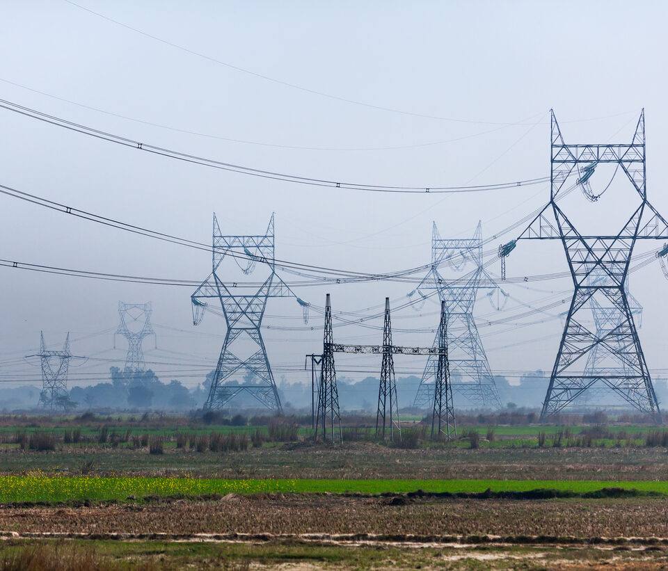 High-tension power lines and transmission towers over farmland in India (file photo)