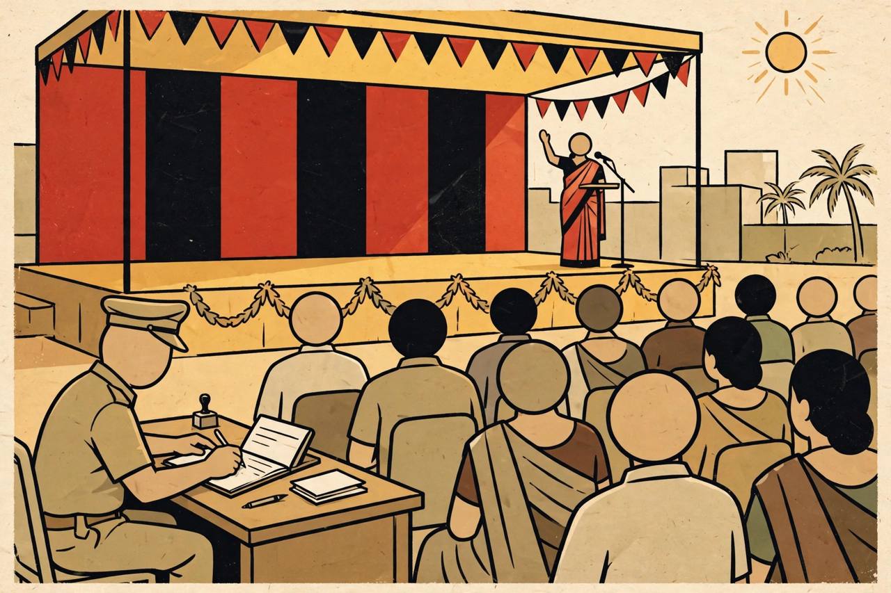 Editorial illustration: a woman councillor addressing a public meeting from a red-and-black draped stage in Chennai while a police officer records a complaint at a desk in the foreground