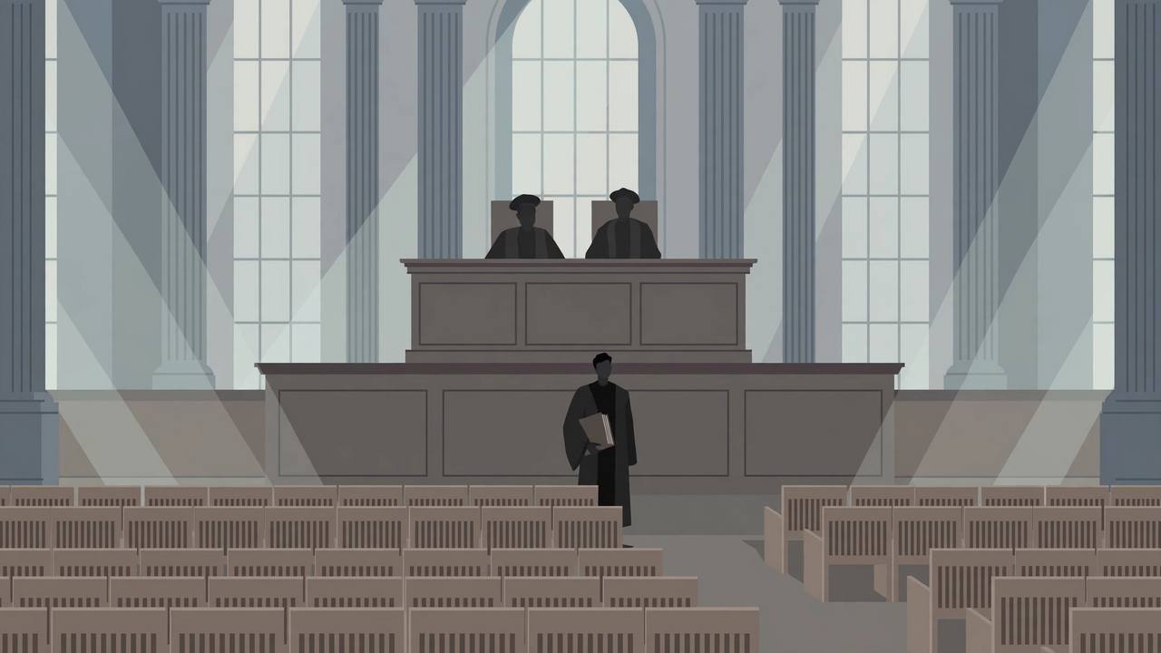 Editorial illustration: two judges silhouetted behind a high bench in a supreme courtroom, a lawyer figure standing with a case file, rows of empty seats