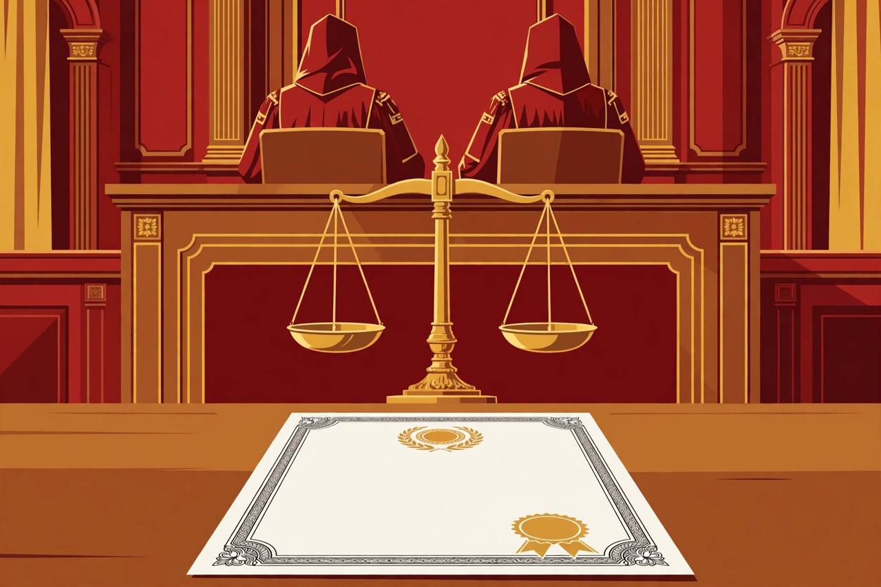 Editorial illustration: a courtroom bench with the scales of justice