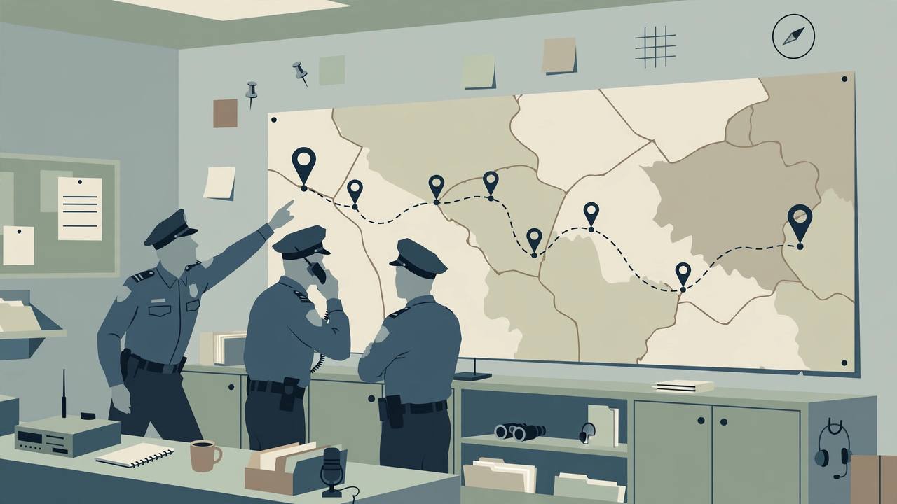Editorial illustration: police officers in a control room studying a large route map with location pins between Delhi and Punjab, tracing a long-distance operation