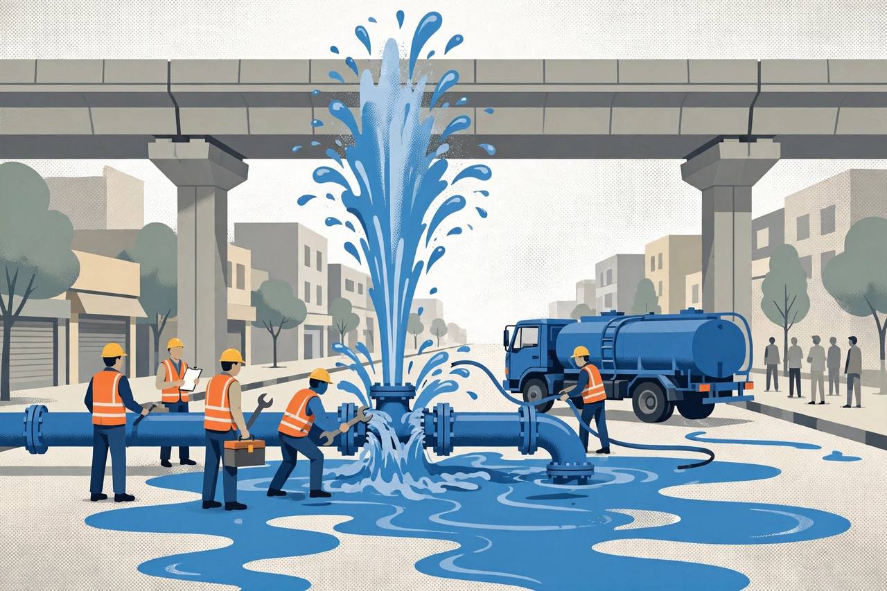 Editorial illustration: a burst drinking-water pipeline sending a tall fountain of water into the air beneath an elevated metro line, water board workers in orange vests and a blue water tanker at the scene