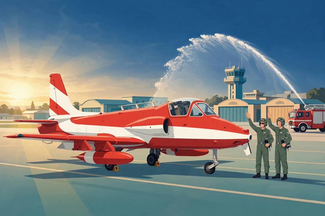 Editorial illustration: a red-and-white Kiran trainer aircraft on an air force academy apron, two pilots waving beside it under a water cannon salute
