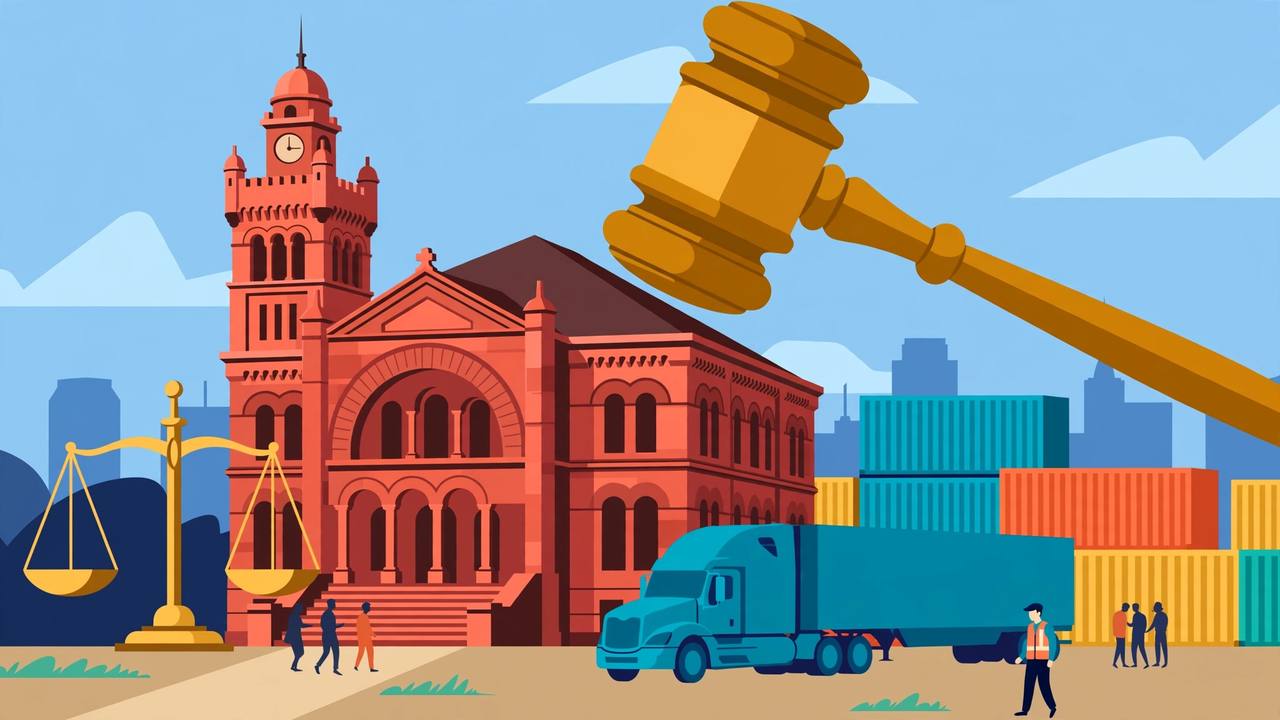 Editorial illustration: a Dallas courthouse, a gavel, scales of justice and a freight semi-truck with shipping containers — generic figures only, no real person's likeness