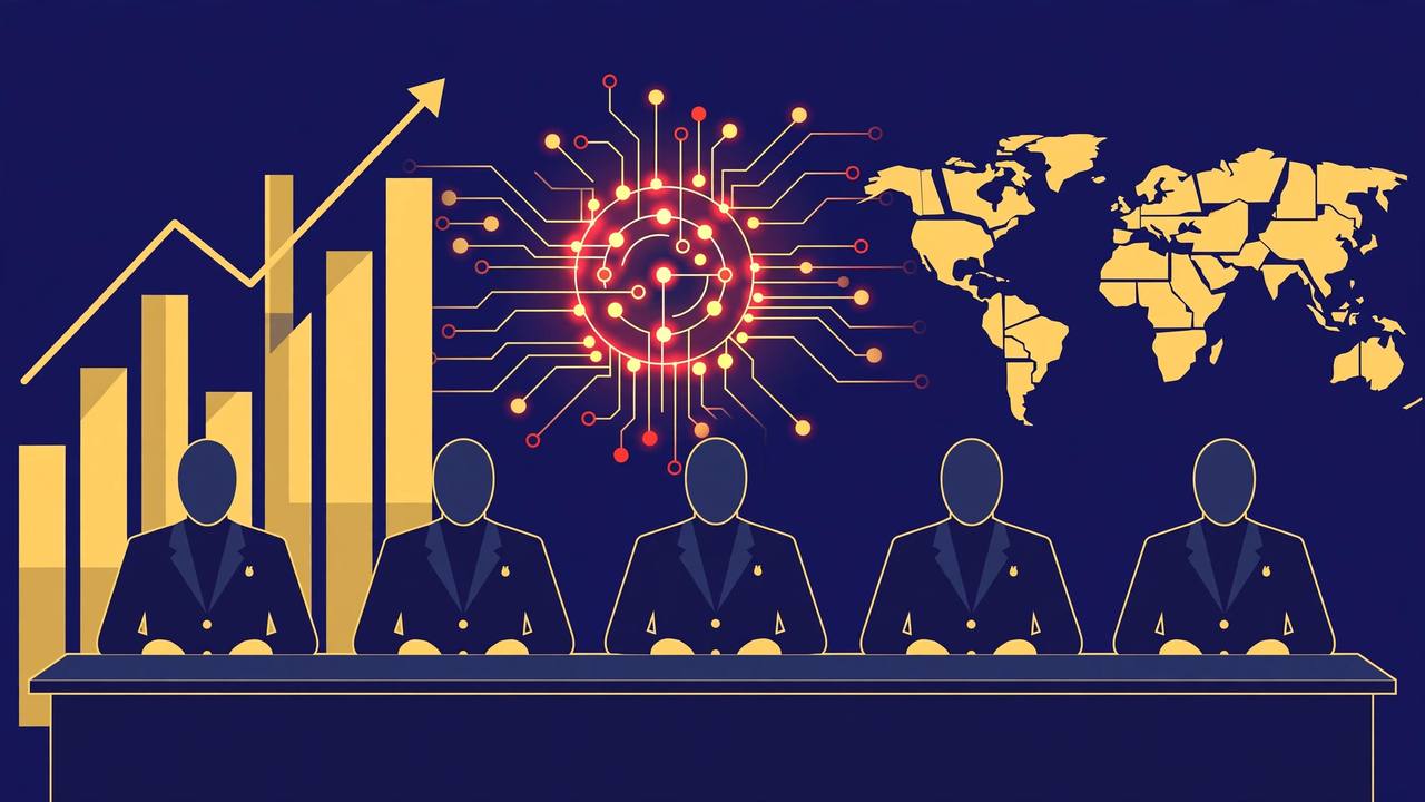 Editorial illustration: officials at a financial-stability seminar panel with charts, an AI circuit motif and a world map