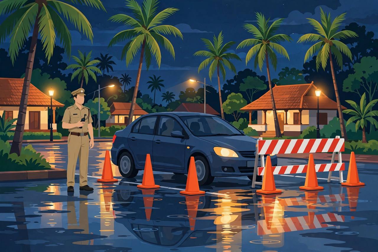Editorial illustration: a police officer holding a breathalyser at a night-time vehicle checkpoint in Kerala, a car stopped at a striped barrier among traffic cones, palm trees and tiled-roof houses behind