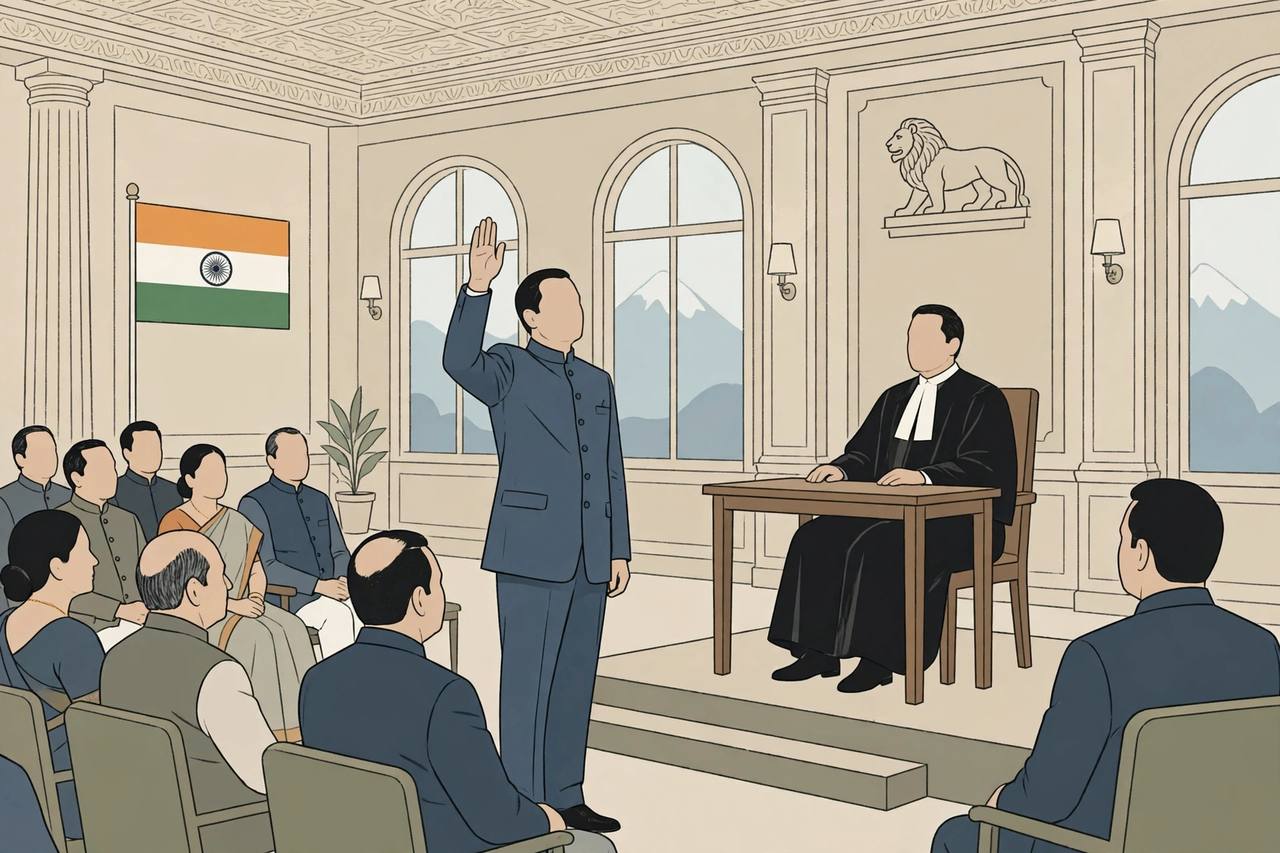 Editorial illustration: a governor taking the oath of office with his right hand raised before a seated chief justice in a ceremonial hall, the Indian flag on the wall and Himalayan peaks visible through the windows
