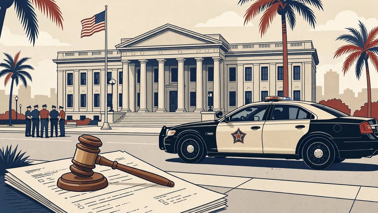 Editorial illustration of a Florida federal courthouse with a gavel on a sentencing document, a patrol car and palm trees
