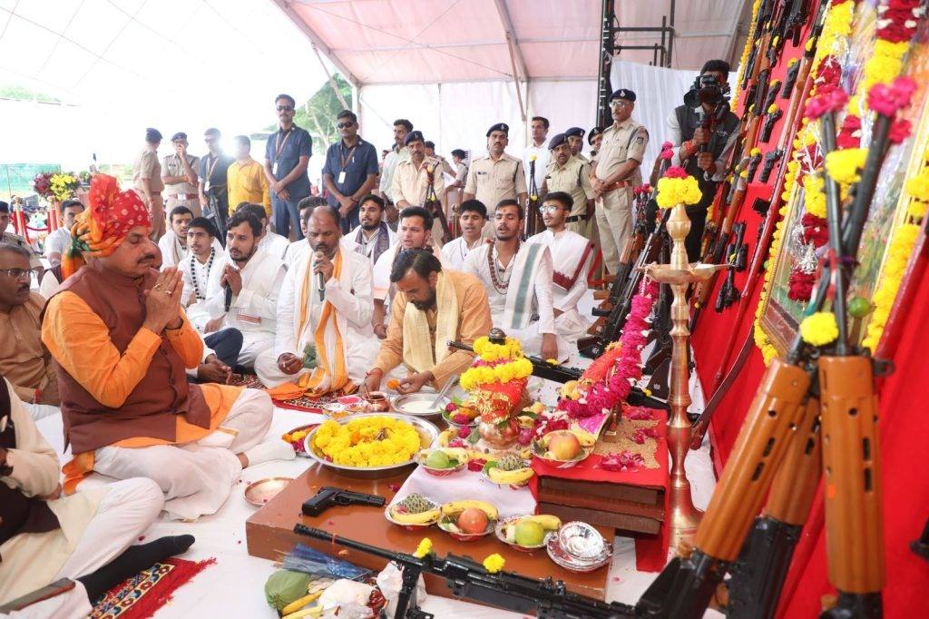 Chief Minister Mohan Yadav performing Shastra Pujan before garlanded rifles at Indore Police Lines (file photo)