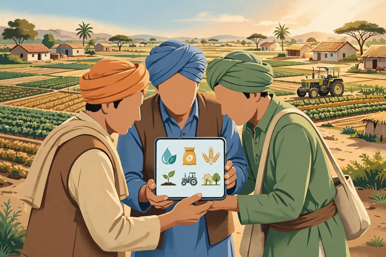 Editorial illustration: farmers standing in green fields looking at a tablet showing farm scheme, weather and market-price icons