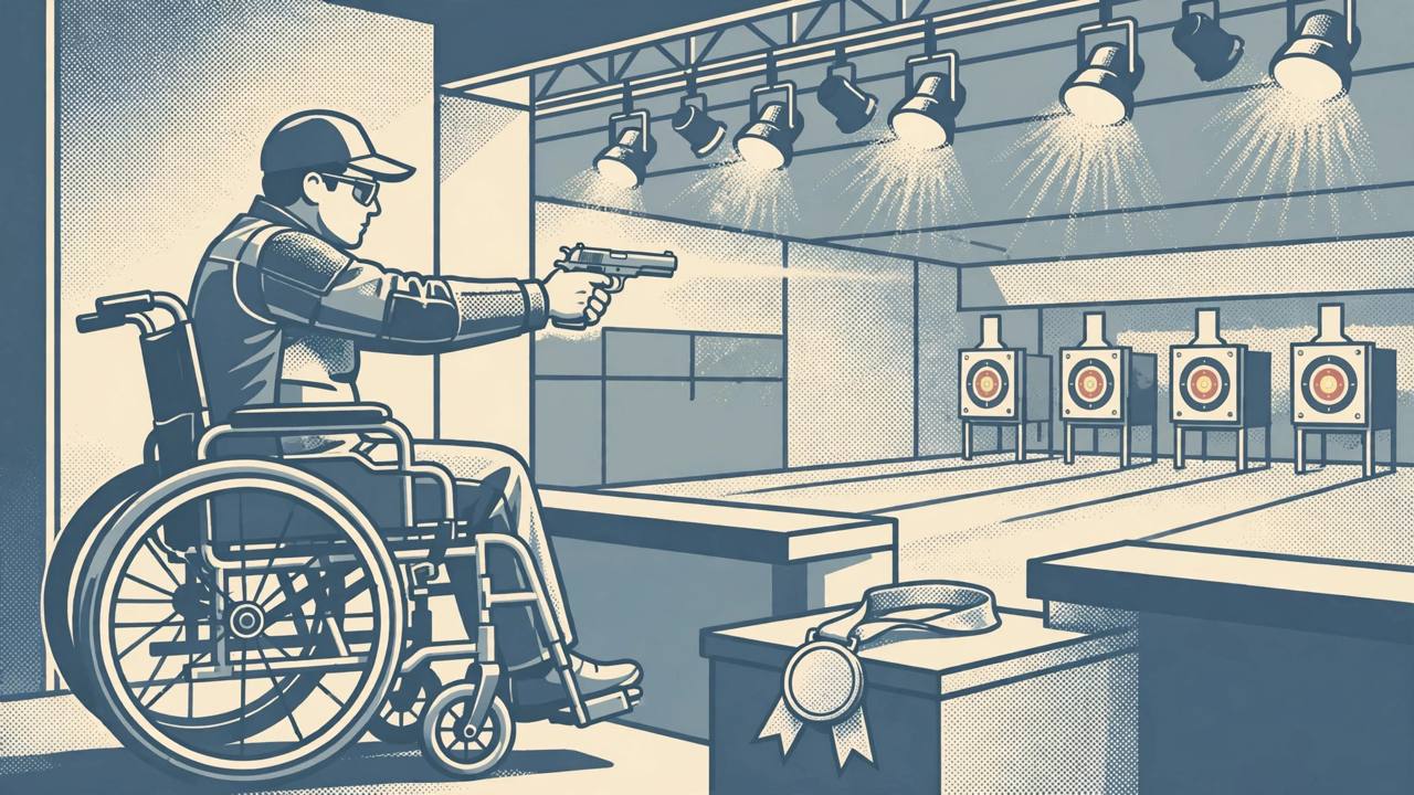Editorial illustration: a para shooter in a wheelchair firing an air pistol at targets down an indoor range under spotlights, a medal resting on a block beside him