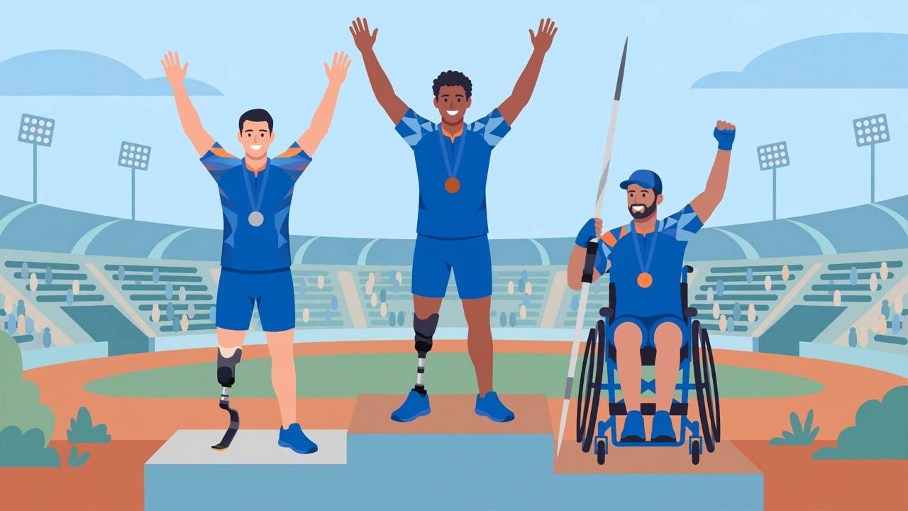 Editorial illustration: three Indian para-athletes in blue kits celebrating on a victory podium in a stadium, one of them holding a javelin