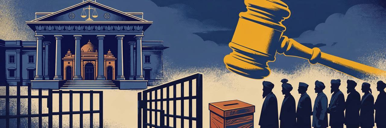 Editorial illustration: a courthouse with scales of justice, an oversized judge's gavel, an open gate and a ballot box with voters queuing