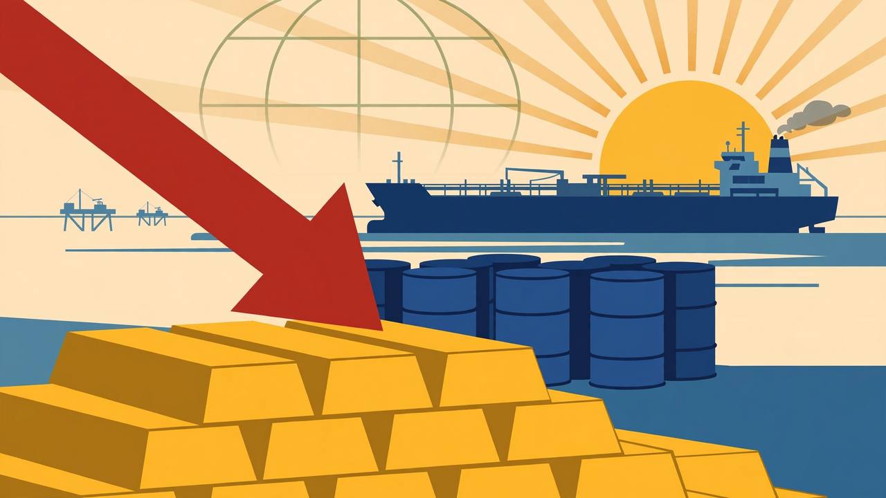 Editorial illustration: stacked gold bars with a downward arrow beside oil barrels and a tanker ship, symbolising falling gold prices as oil climbs.
