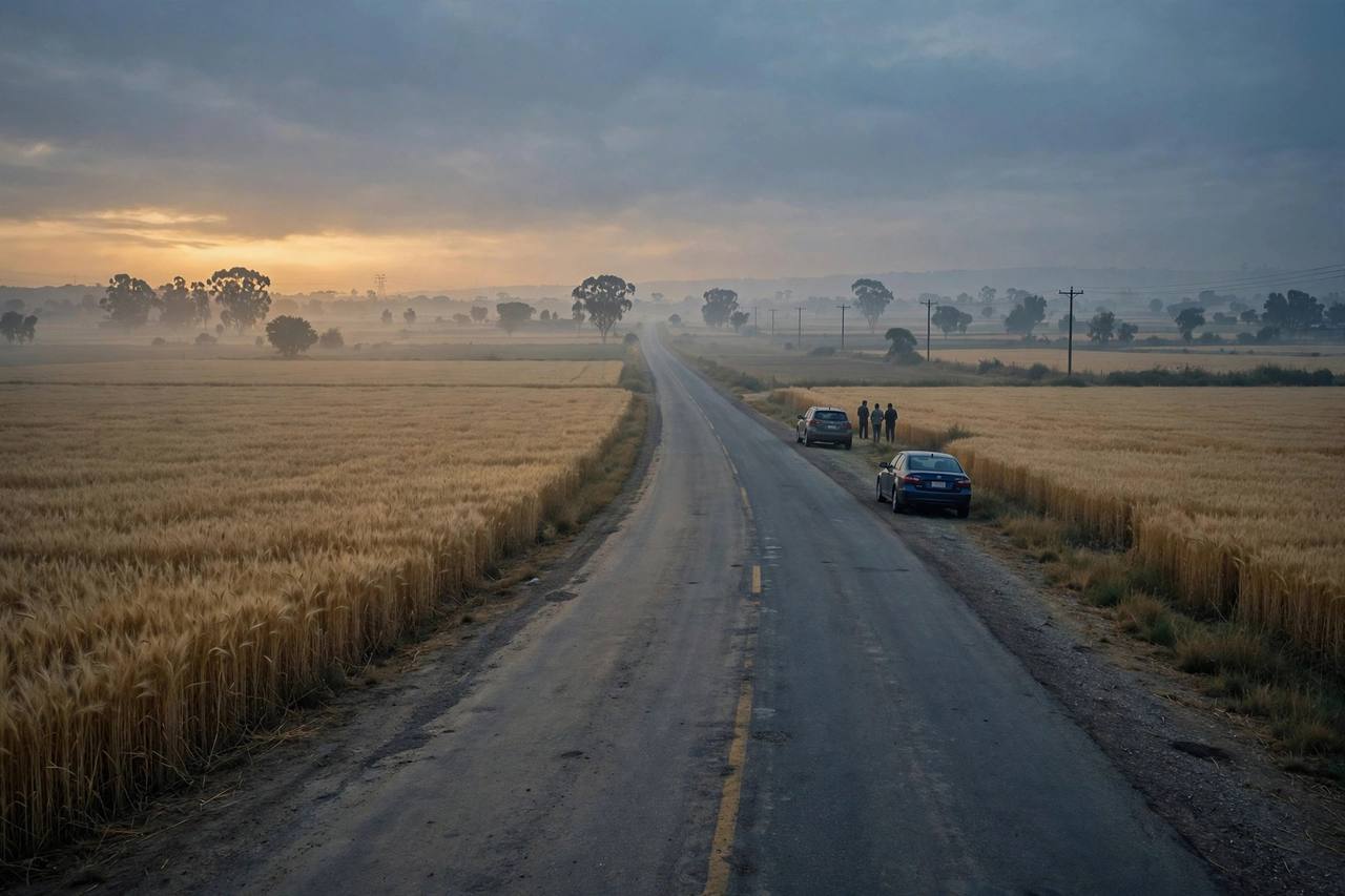 Illustration: a rural road through wheat fields near Sangrur at dawn, cars stopped at the roadside