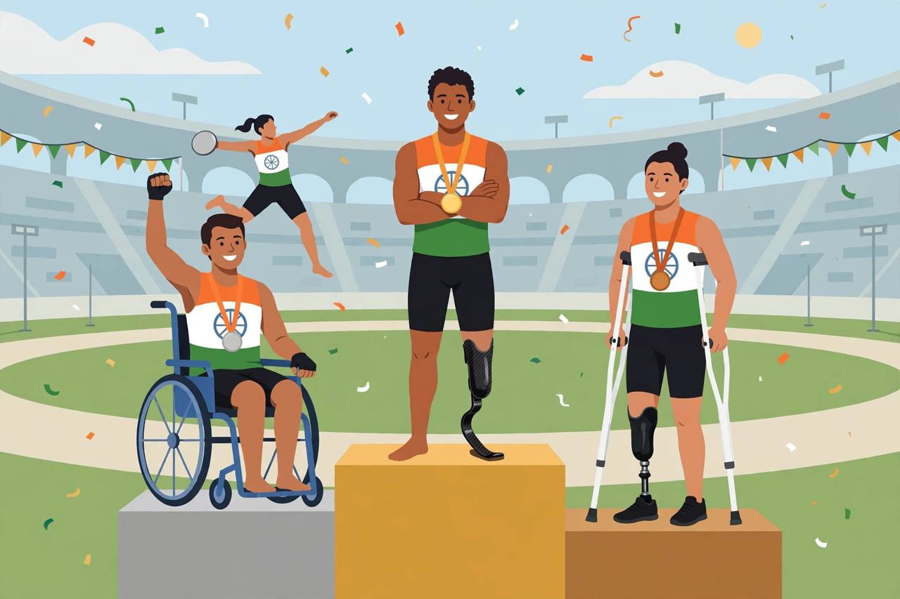Editorial illustration: three Indian para athletes in India colours on a stadium podium — the gold medallist standing centre with a blade prosthesis, a wheelchair athlete with silver at left and a bronze medallist on crutches at right, with a discus thrower in the background