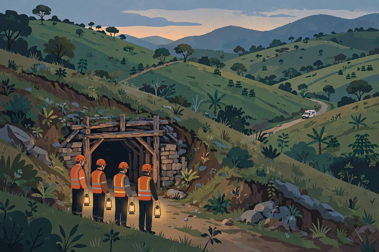Editorial illustration: generic rescue workers outside a small hillside gold mine entrance in rural Colombia at dusk