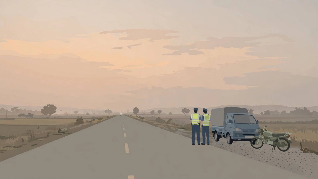 Editorial illustration: an Indian national highway at dawn, a small pickup van and a motorcycle stopped at the roadside, two police officers in reflective vests standing nearby and an ambulance in the distance
