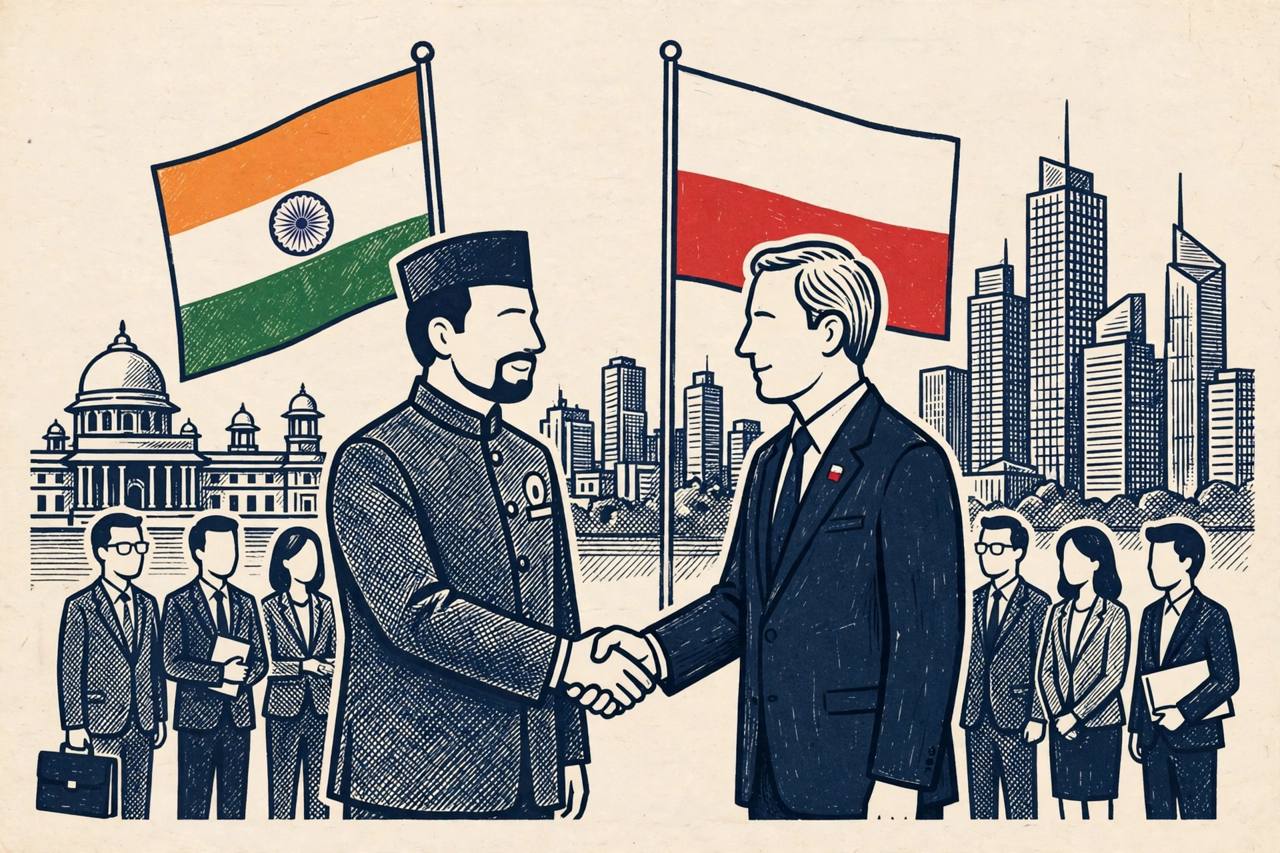 Editorial illustration: two generic prime ministers shaking hands in front of the Indian and Polish flags, with New Delhi landmarks and a modern city skyline behind them