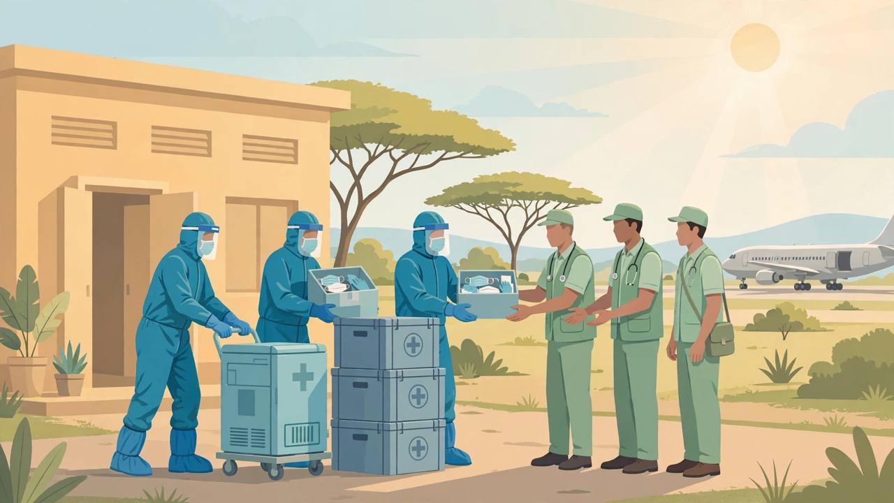 Editorial illustration: aid workers in protective suits handing medical crates to health officials outside a Nairobi clinic, a cargo plane behind