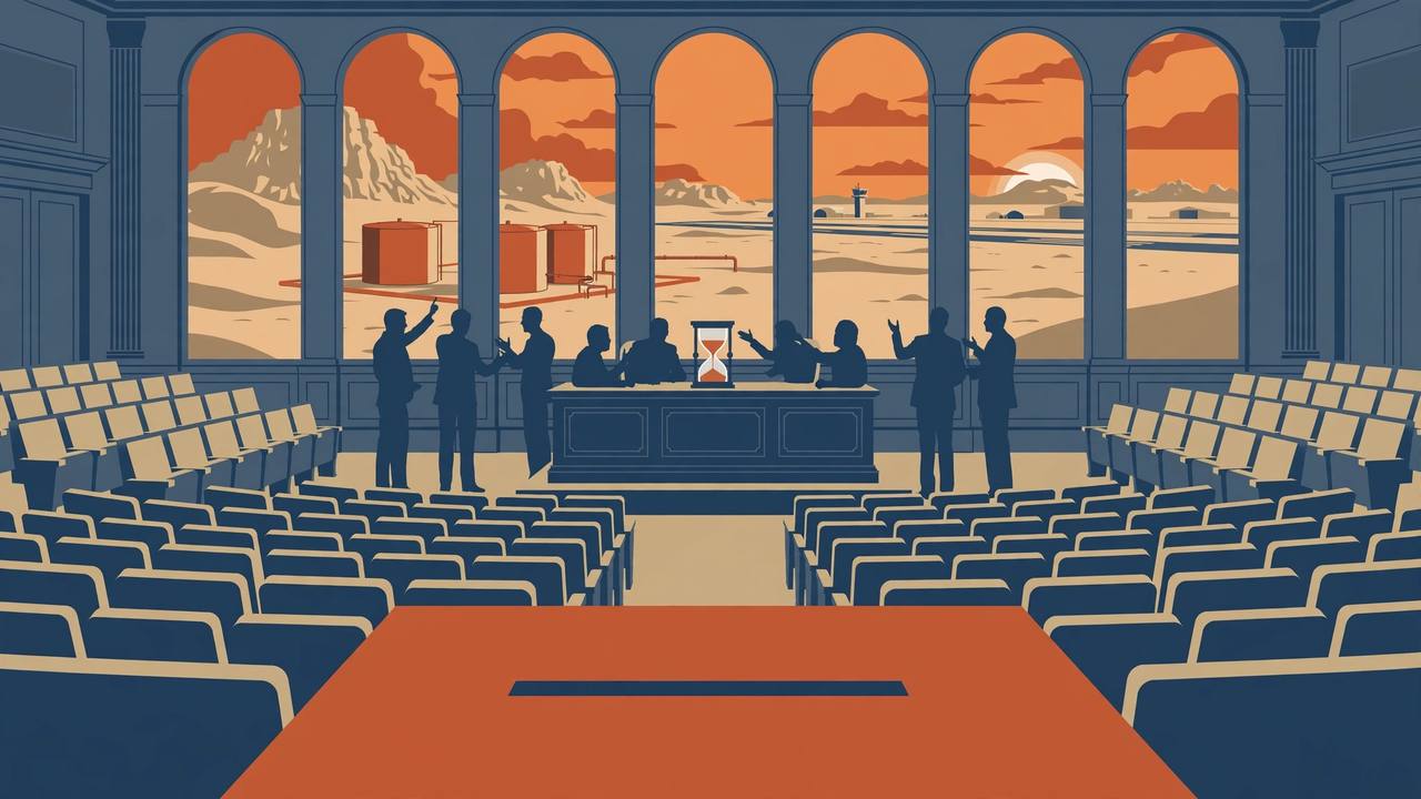 Editorial illustration: a parliamentary chamber with rows of seats, a blank ballot box and an hourglass, oil tanks and an airport runway visible through tall windows
