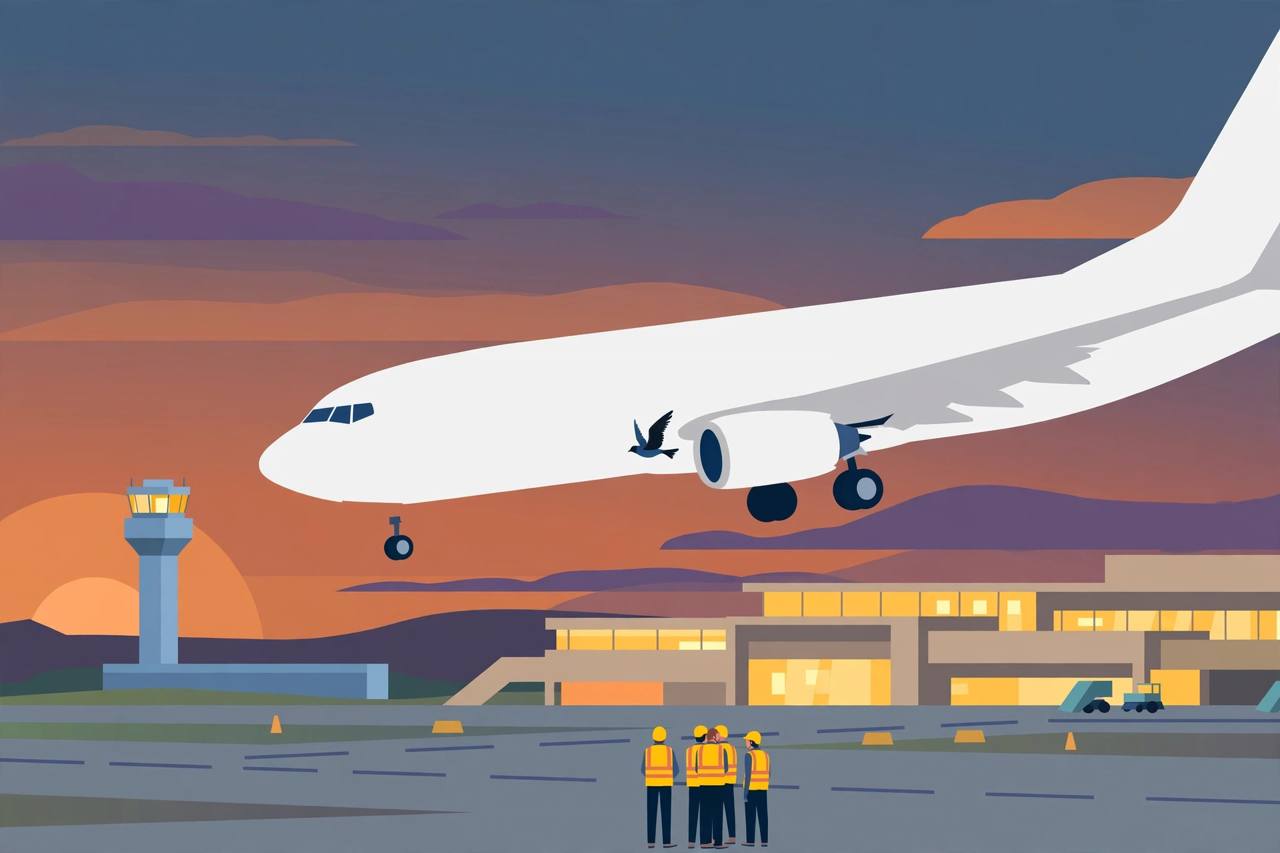 Editorial illustration: a passenger jet landing with a bird nearby