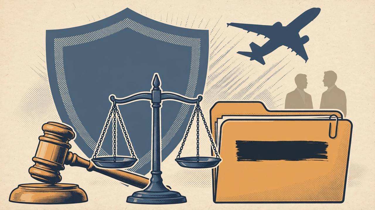 Editorial illustration: a judge's gavel and the scales of justice beside a security shield, a redacted file folder and an aircraft silhouette