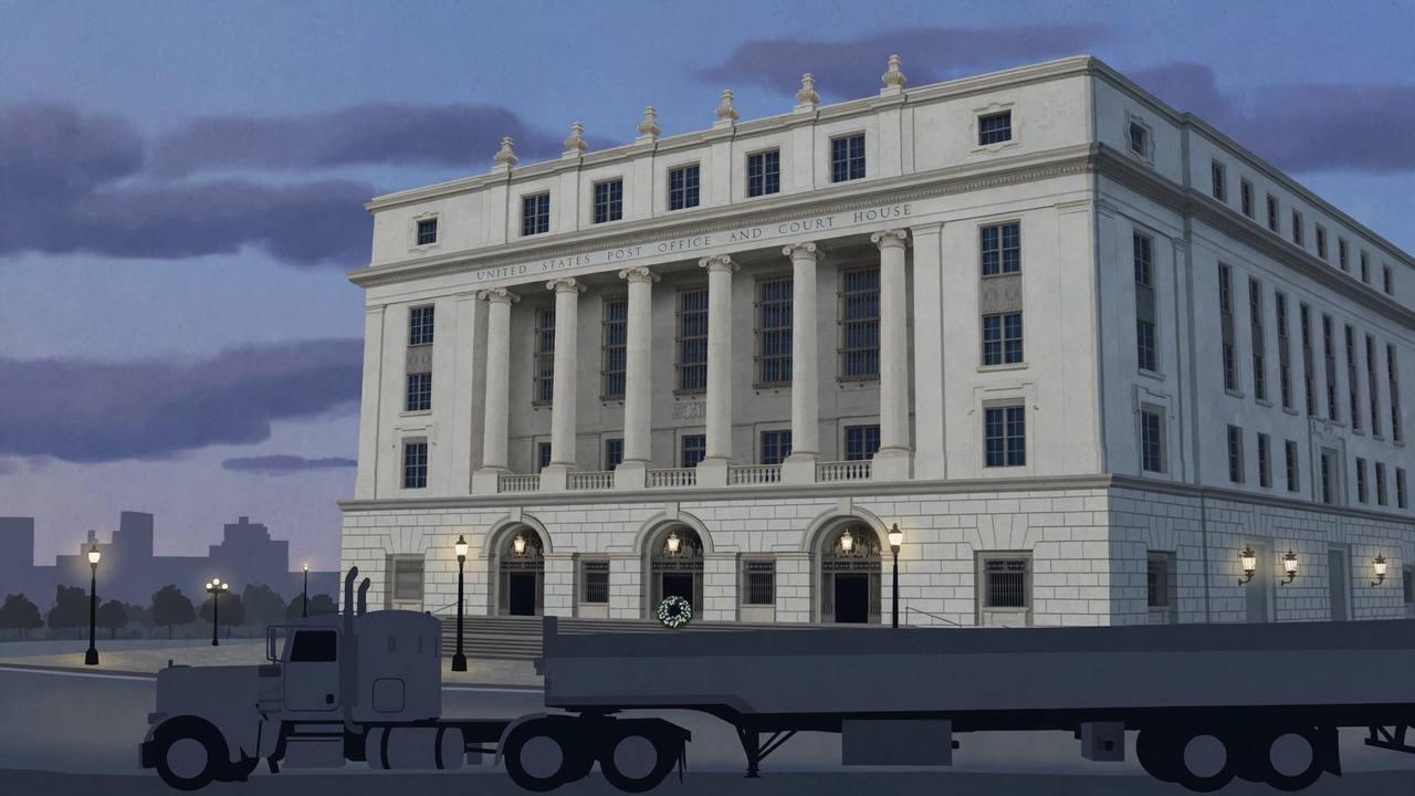 Editorial illustration: a San Antonio federal courthouse at dusk with a semi tractor-trailer silhouette and a wreath of white flowers — the 2022 tragedy itself is not depicted