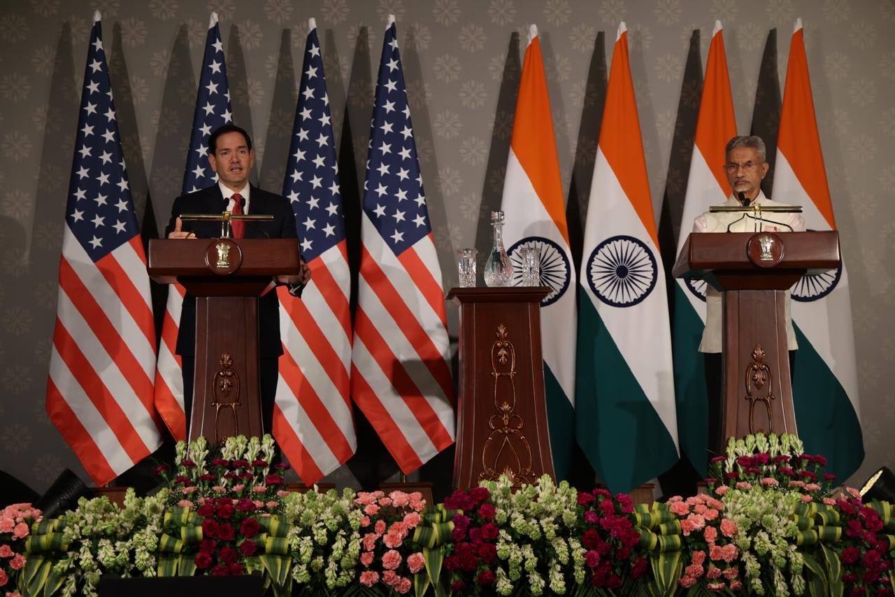 File photo: US Secretary of State Marco Rubio and External Affairs Minister S. Jaishankar at podiums flanked by US and Indian flags