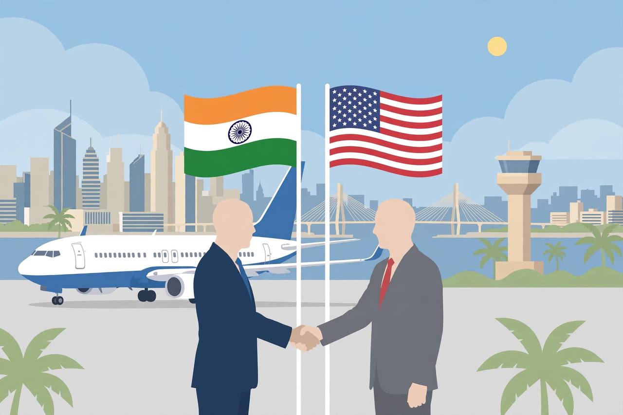 Editorial illustration: a diplomatic arrival at Mumbai airport — generic officials beside an aircraft on the tarmac, Indian and US flags flying
