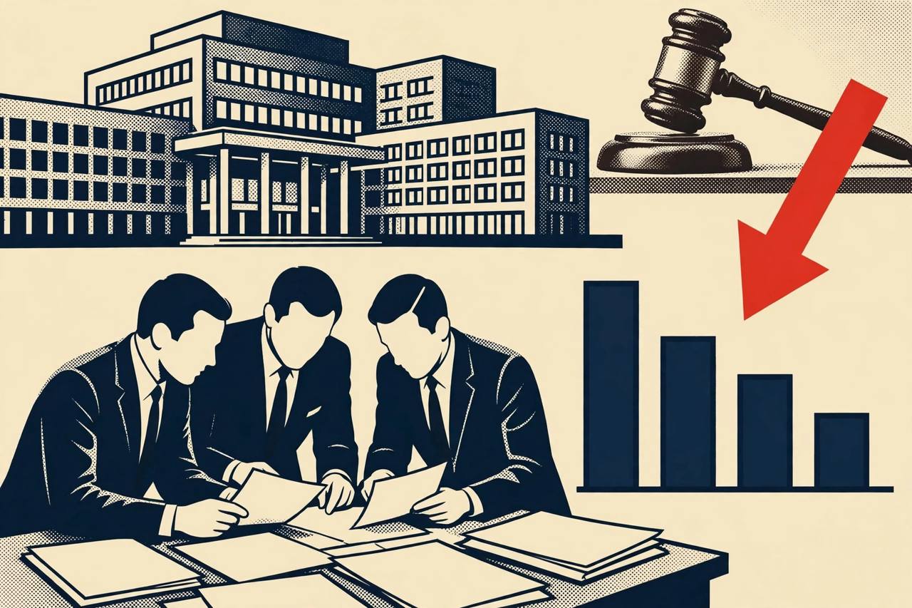 Editorial illustration: generic bankers reviewing bond documents at a bank building with a large red downward arrow over a bar chart and a court gavel
