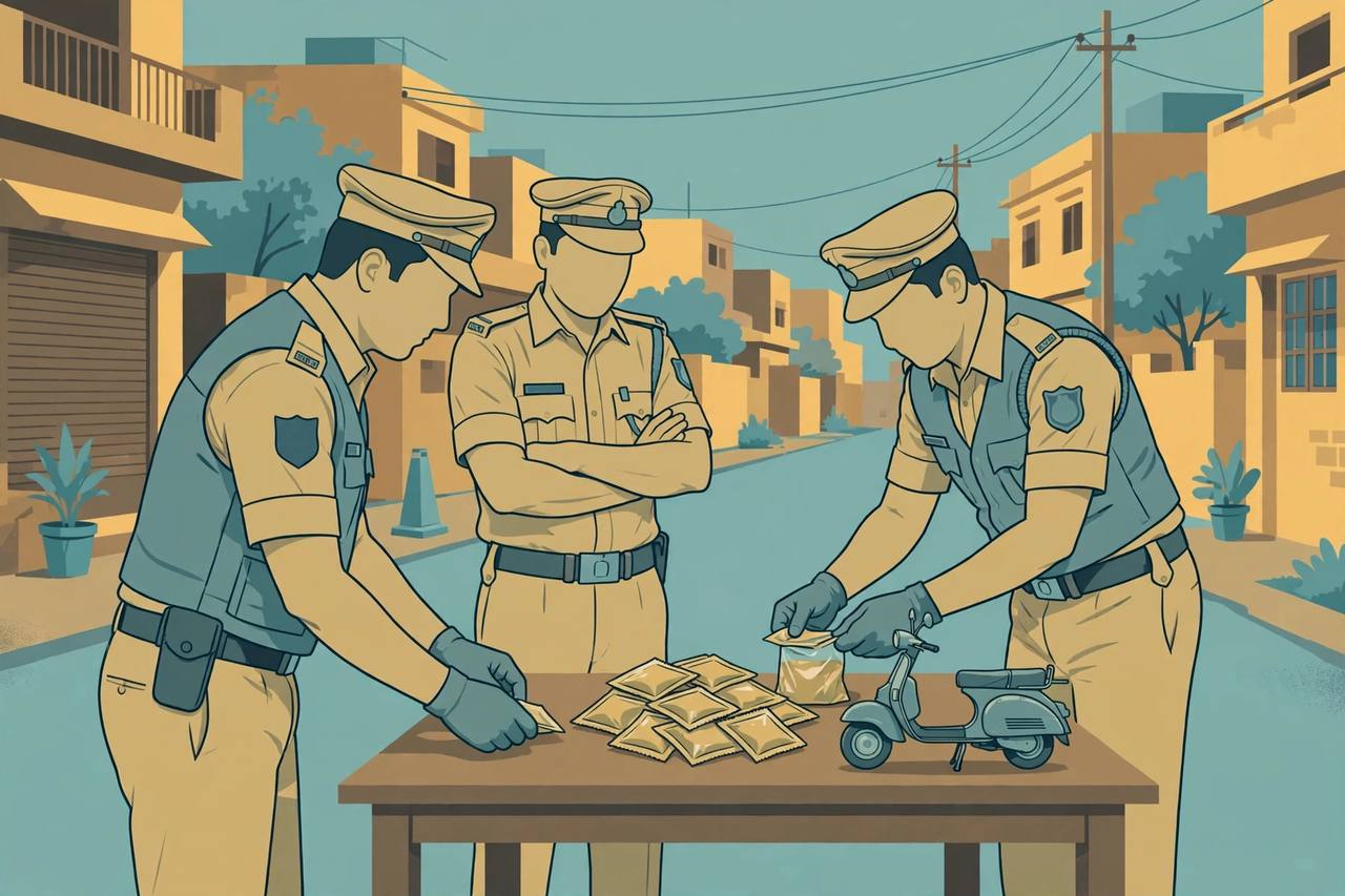 Editorial illustration: three police officers on a residential street examining seized packets spread on a table beside a two-wheeler