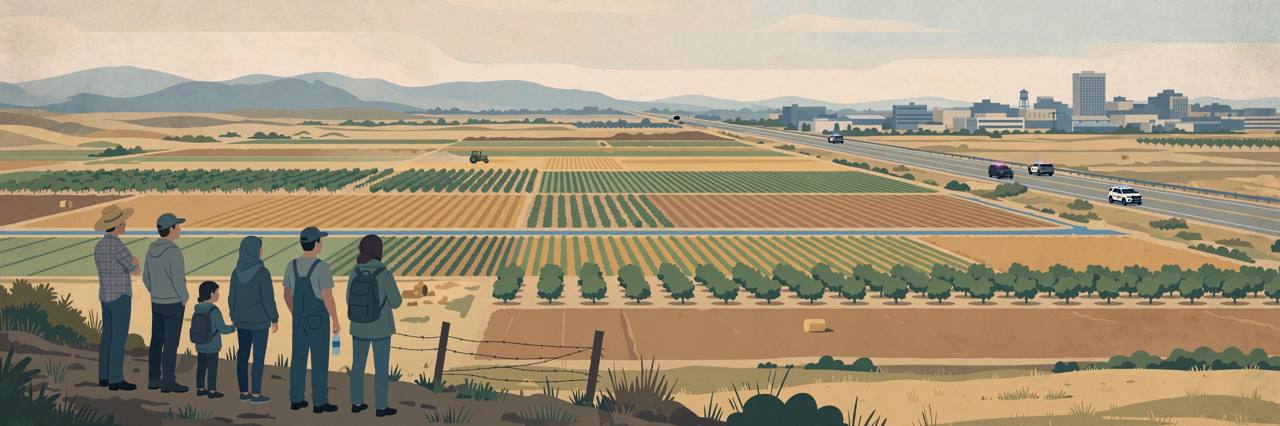 Editorial illustration of Central Valley farmland near Fresno with families looking towards a highway