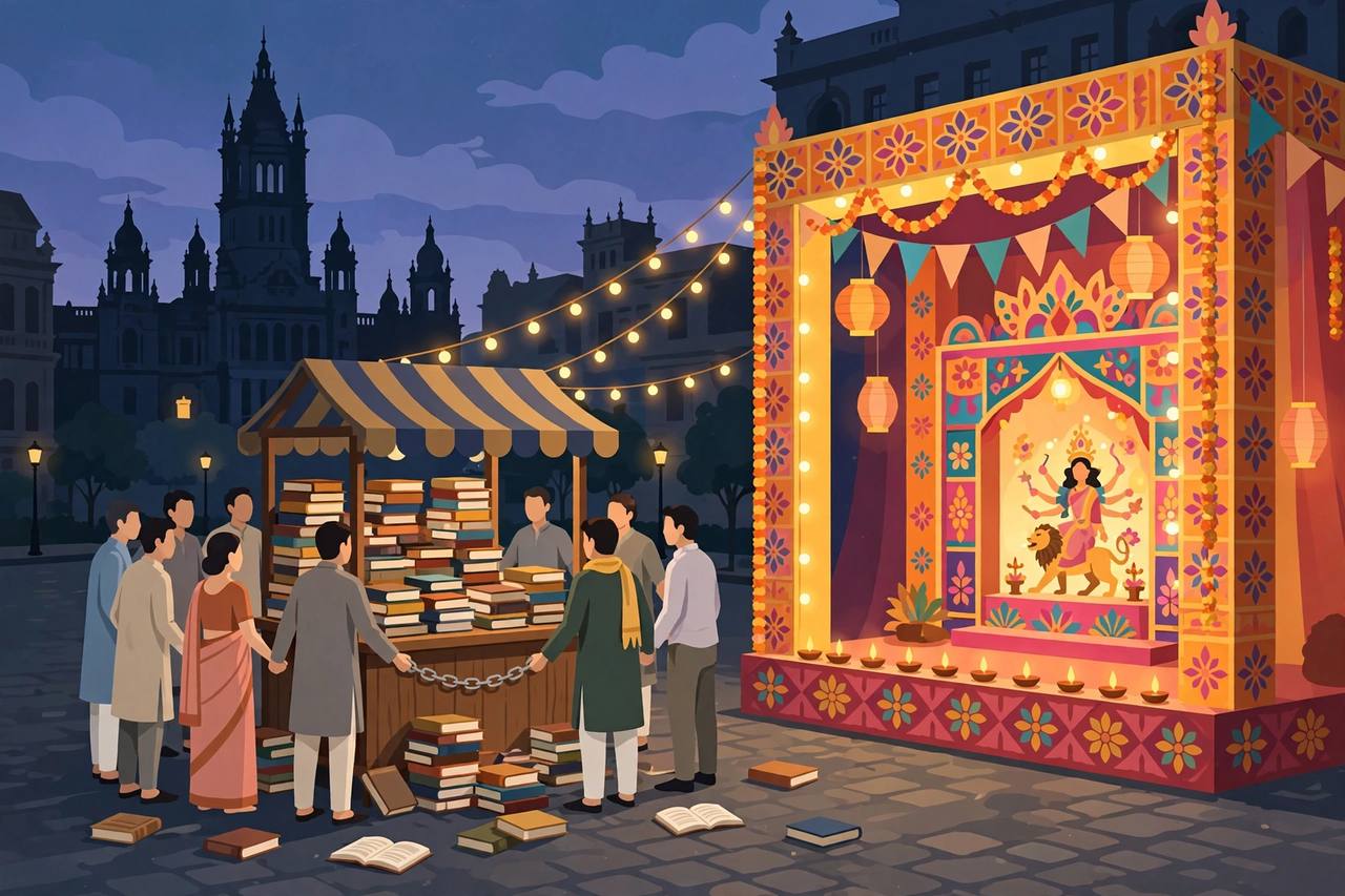 Editorial illustration: a Durga Puja bookstall in Jadavpur, Kolkata, with scattered books near a festival pandal