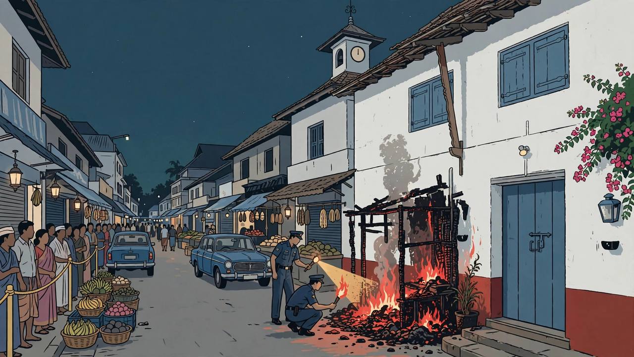 Editorial illustration: two police officers with a torch examining a burnt-out shopfront on a Kochi market street at night, onlookers watching from behind a rope barrier