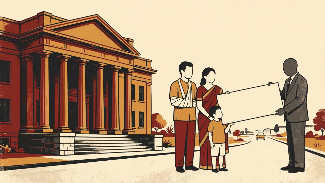 Editorial illustration: a columned courthouse and a generic road-accident victim's family — the father with his arm in a sling — receiving an oversized interim compensation cheque from a faceless official
